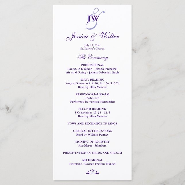 Programa de Casamento de Monogramas Roxos (Frente)