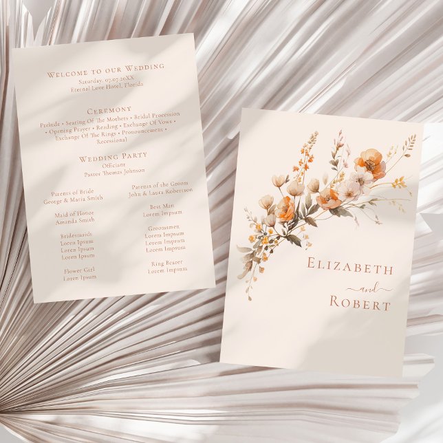 Programa de Casamento de Outono com Flores Silvest (Boho Terracotta Wildflowers Fall Wedding Program (front and back) on a sunny neutral dry palm leaf)