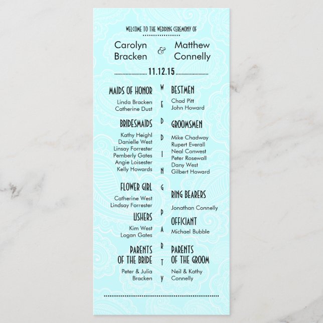Programa de Casamento de Paisley Azul Moderno Chic (Frente)