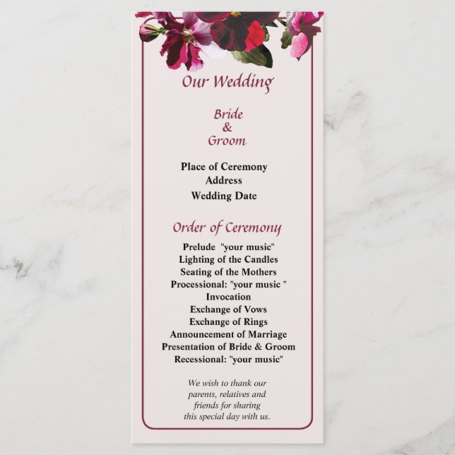 Programa de Casamento de Panteras Rosa e Magenta (Frente)