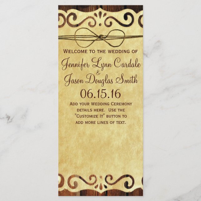 Programa de Casamento de Papel Vintage em Madeira (Frente)