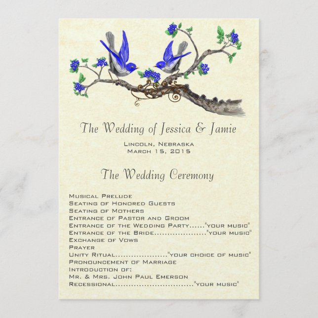 Programa de Casamento de Pássaros Azuis Vintage 5  (Frente)