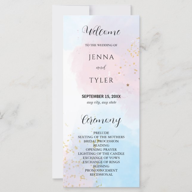 Programa de Casamento de Pastel Pink e Blue Waterc (Frente)