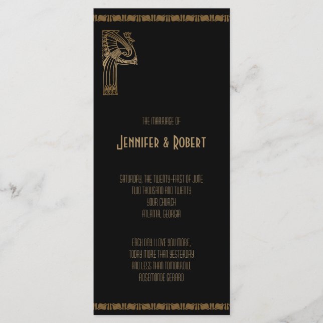 Programa de Casamento de Peacock em Deco de Arte N (Frente)