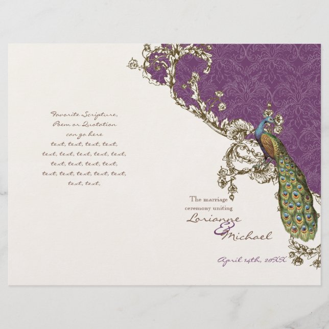 Programa de Casamento de Peacock & Etchings Vintag (Frente)