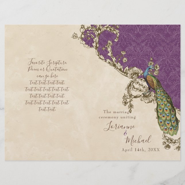 Programa de Casamento de Peacock & Etchings Vintag (Frente)