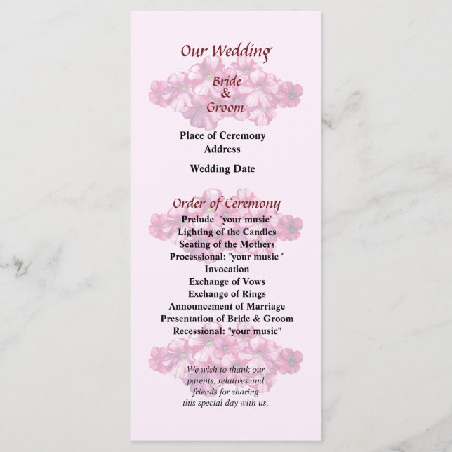 Programa de Casamento de Petunias Rosa (Frente)