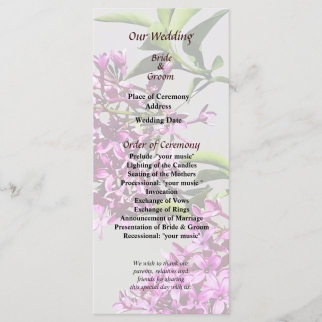 Programa de Casamento de Pin Lilacs e Folhas (Frente)