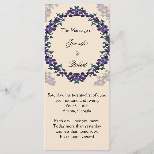 Programa de Casamento de Prados de Flores de Uvas (Frente)