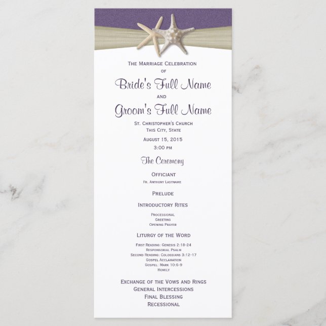 Programa de Casamento de Prados Roxos de Starfish  (Frente)