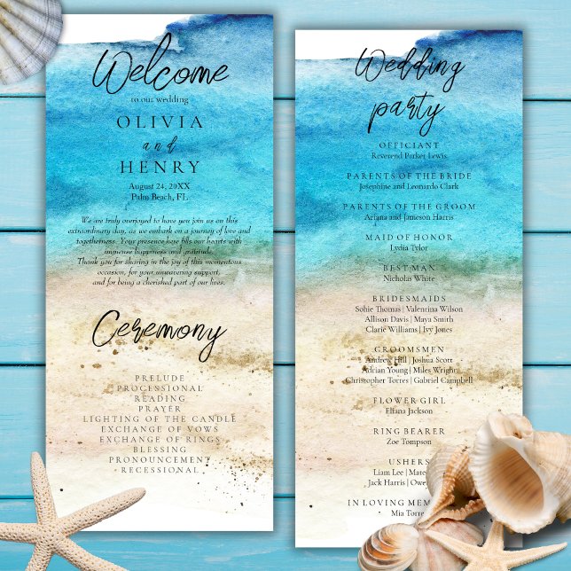 Programa de Casamento de Praia Blue Watercolor (Criador carregado)