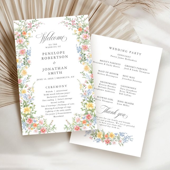 Programa de Casamento de Primavera de Pastel Suave (Soft Pastel Ornate Spring Wildflower Garden Wedding Program )