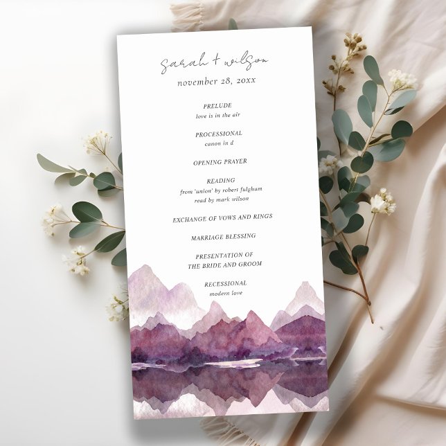 Programa de Casamento de Púrpura Watercolor Mounta (Criador carregado)