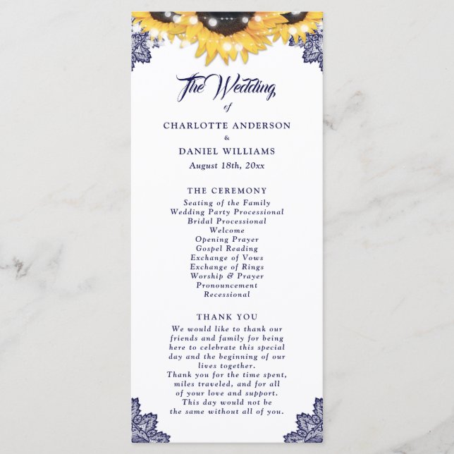 Programa de Casamento de Renda Floral Girassol Azu (Frente)