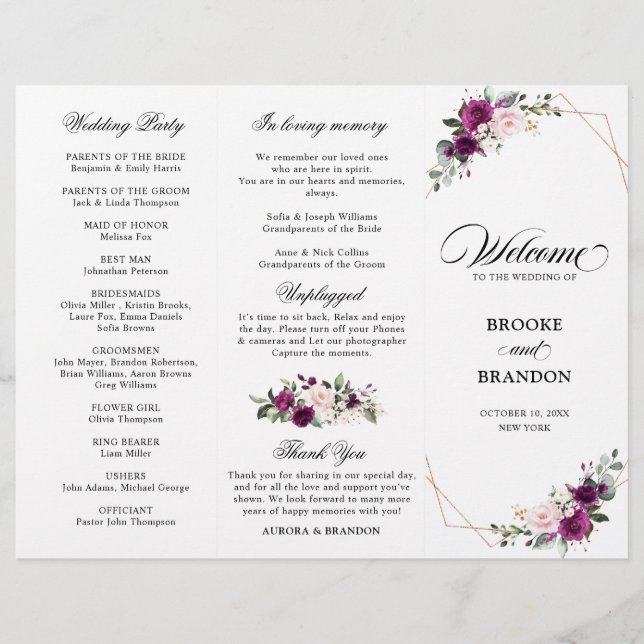 Programa de Casamento de Rosa de Blush de Plum Rox (Frente)