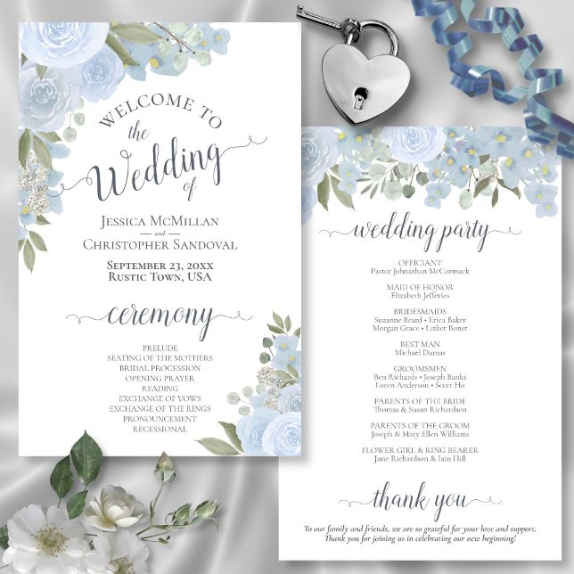 Programa de Casamento de Rosas de Dusty Blue Water (In Situ Front and Back)