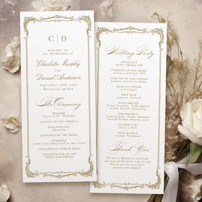 Programa de Casamento de Script Clássico de Quadro (Gold Vintage Frame Classic Script Wedding Program)