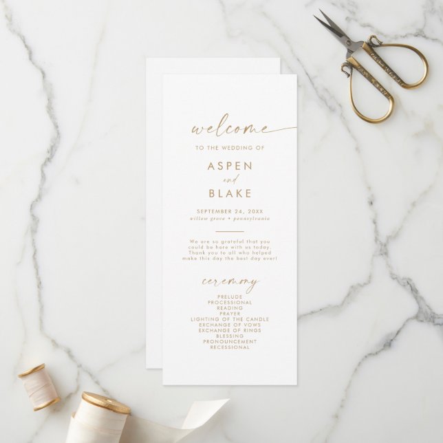 Programa de Casamento de Script Dourado Moderno (Frente/Verso In Situ)