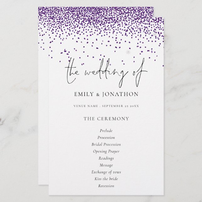 Programa de Casamento de Script Glitter Roxo do Or (Frente/Verso)