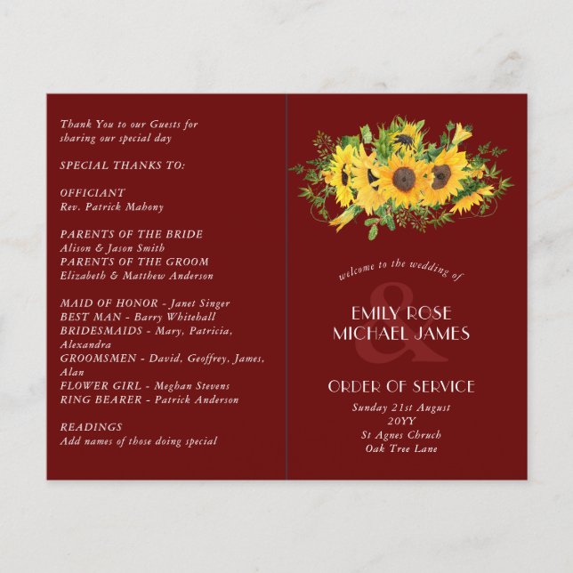 Programa de Casamento de Sunflower Burgundy ou out (Frente)