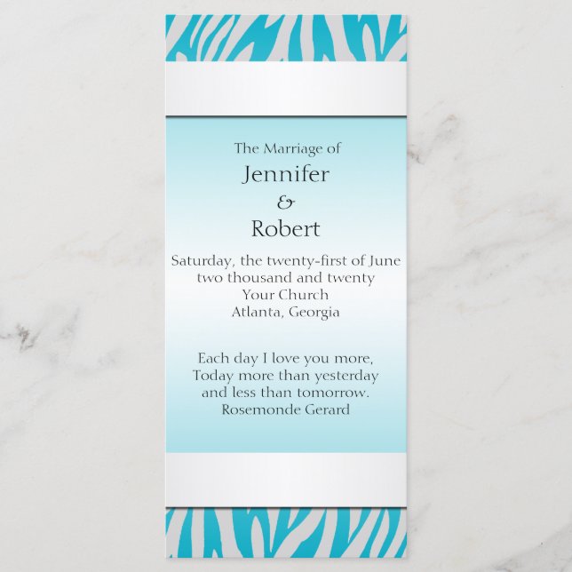 Programa de Casamento de Teal e Zebra Branca em Di (Frente)