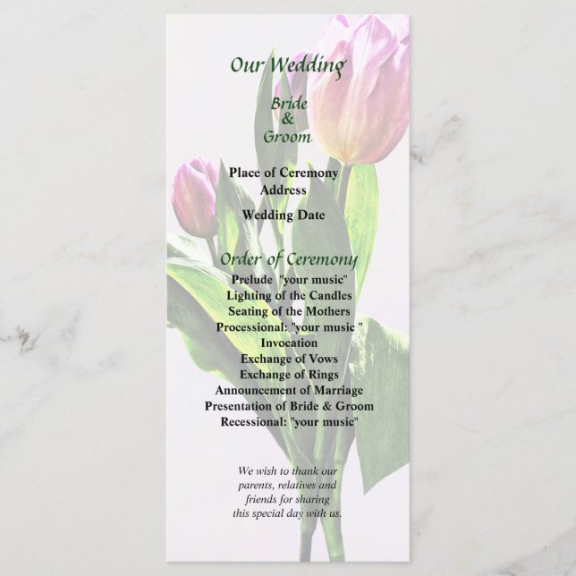 Programa de Casamento de Tulipas Rosa Pálidas (Frente)