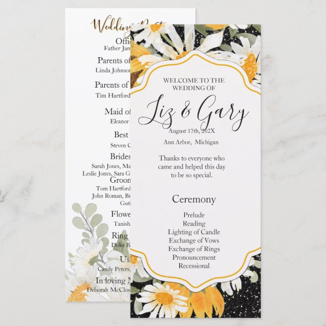 Programa de Casamento de Verão com Girassóis Negro (Frente/Verso)