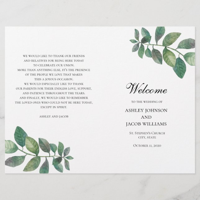 Programa de casamento de verão dobrado. Folhas ver (Frente)