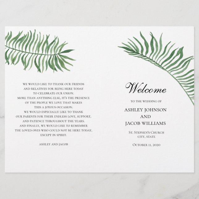 Programa de casamento de verão tropical. Folhas ve (Frente)