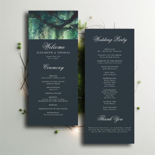 Programa de Casamento de Vinhas Mágicas Florestais (enchanted forest emerald magical wedding program elegant modern calligraphy formal classic ceremony)