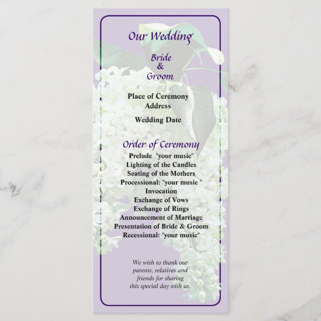 Programa de Casamento de White Lilacs (Frente)