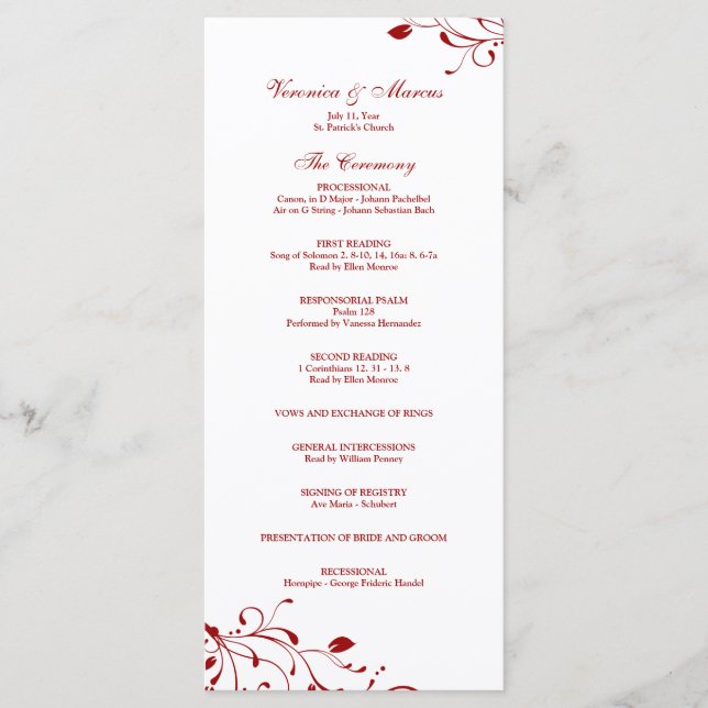 Programa de Casamento Decal Floral Vermelho e Bran (Frente)