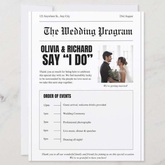Programa de Casamento – Desenho de Primeira Página (Frente)
