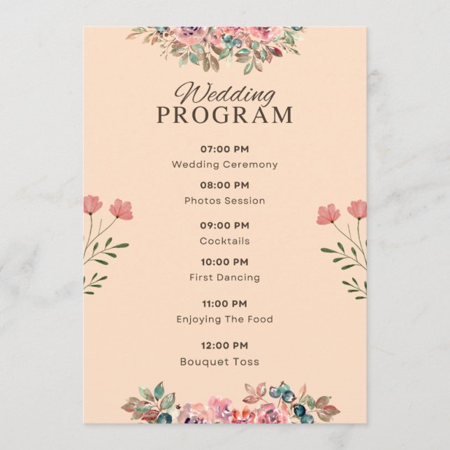 Programa de Casamento – Design Bege Floral Aquarel (Frente)