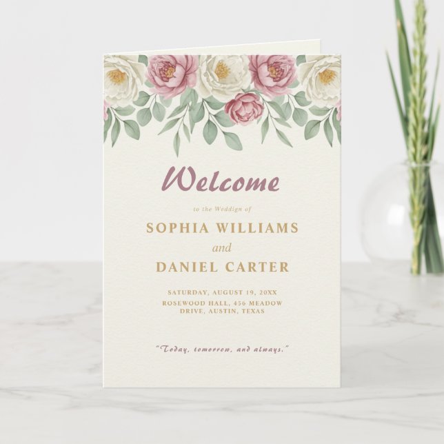 Programa de Casamento Dobrado Floral Peônia Rosa E (Frente)