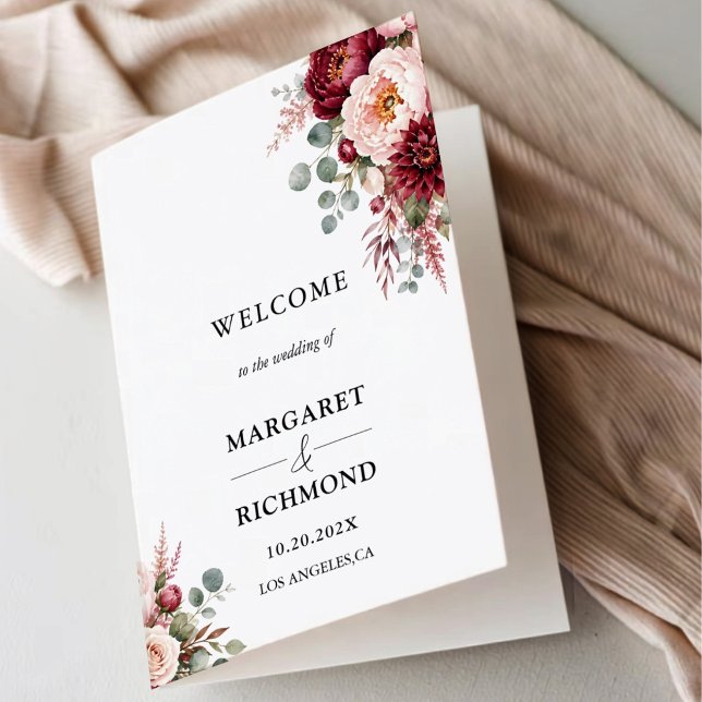 Programa de Casamento Dobrado Floral Rosa Borgonha (Criador carregado)