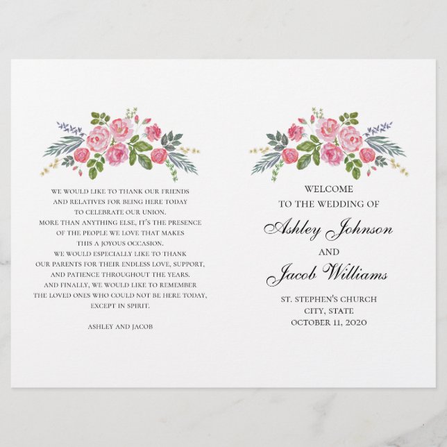 Programa de casamento dobrado. Rosas rosa. Flores  (Frente)