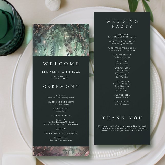 Programa de Casamento Dourado de Vinhas Florestais (enchanted forest wedding program modern elegant romantic watercolor gold vines emerald mauve)