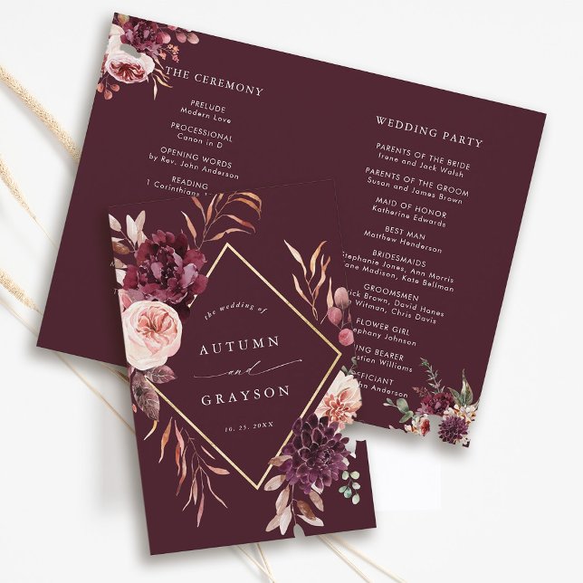 Programa de Casamento Dourado do outono de Borgonh (Front & Back)