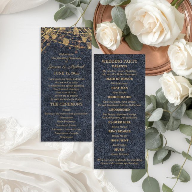 Programa de Casamento Dourado Rustic Glam Blue (Navy blue and gold string lights rustic glam wedding program)