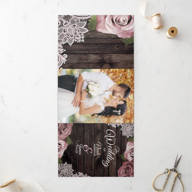 Programa de Casamento Dusty Rosa Rustic Wood Tripl (Fora)