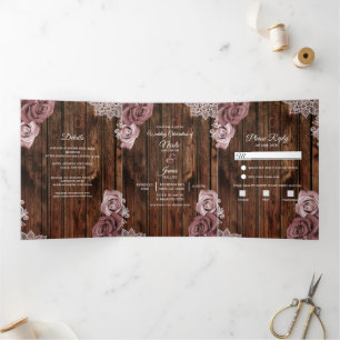Programa de Casamento Dusty Rosa Rustic Wood Tripl