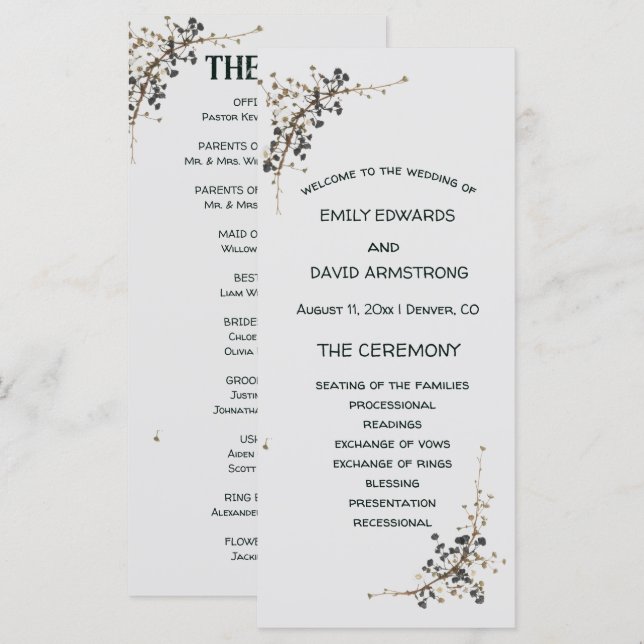 Programa de Casamento Elegância Botânica Moderna (Frente/Verso)