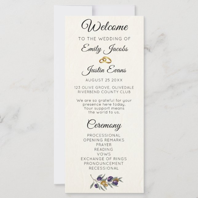 Programa de Casamento Elegante Aquarela Oliva (Frente)