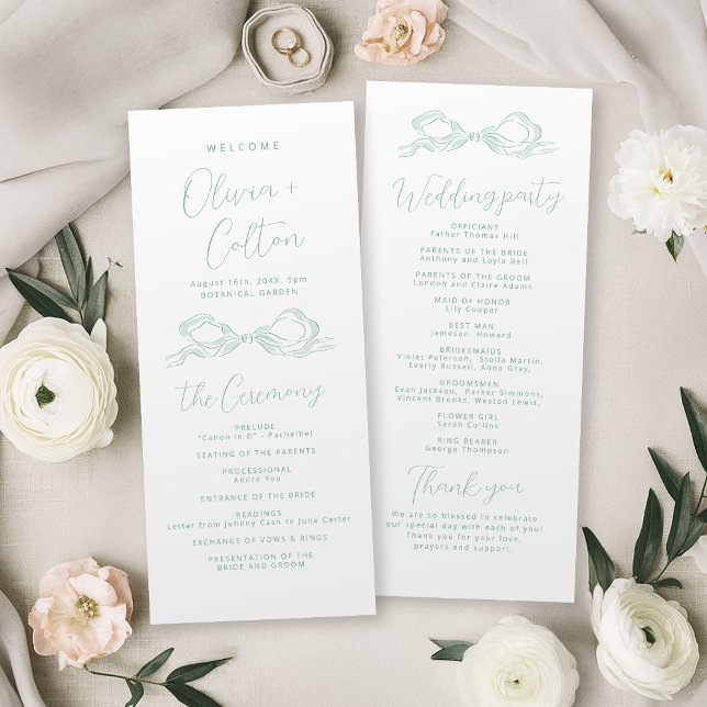 Programa de Casamento Elegante Arco Verde Claro De (Elegant Light Green Hand Drawn Bow Wedding Program)