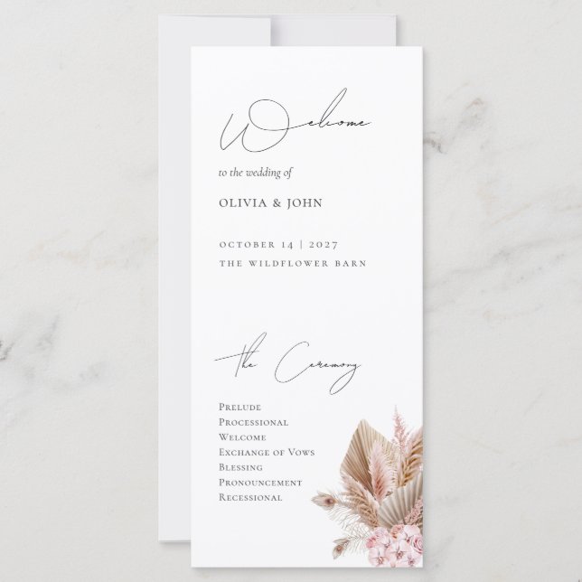 Programa de Casamento Elegante Boho com Grama Pamp (Frente)
