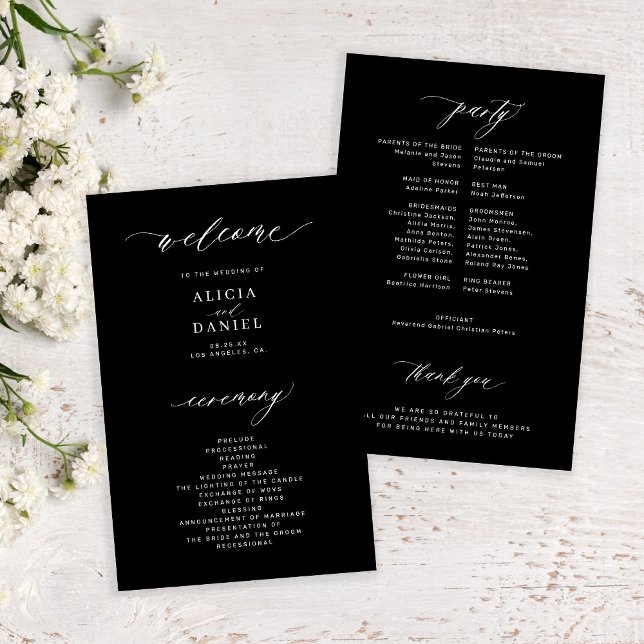 Programa de casamento elegante branco e preto (Criador carregado)