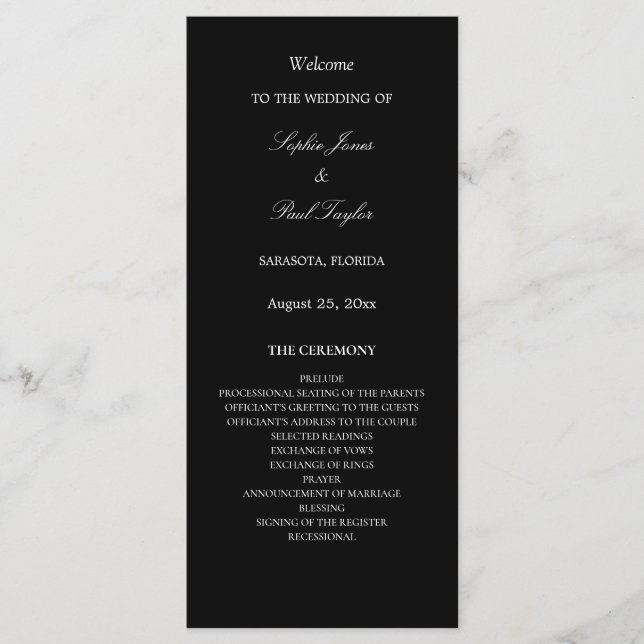 Programa de Casamento Elegante Branco Negro (Frente)