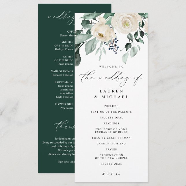 Programa de Casamento Elegante com Folhagem Verde  (Frente/Verso)