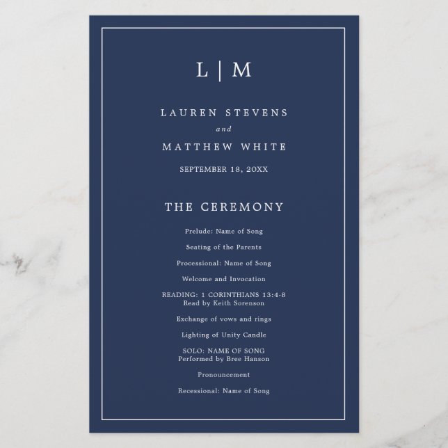 Programa de Casamento Elegante com Monograma Azul  (Frente)